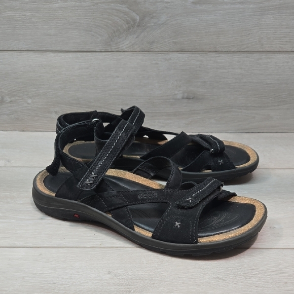 Ecco Women's Hook&loop Leather Strappy Black Sandals Shoes Sz 40/9-9.5 - Picture 1 of 12